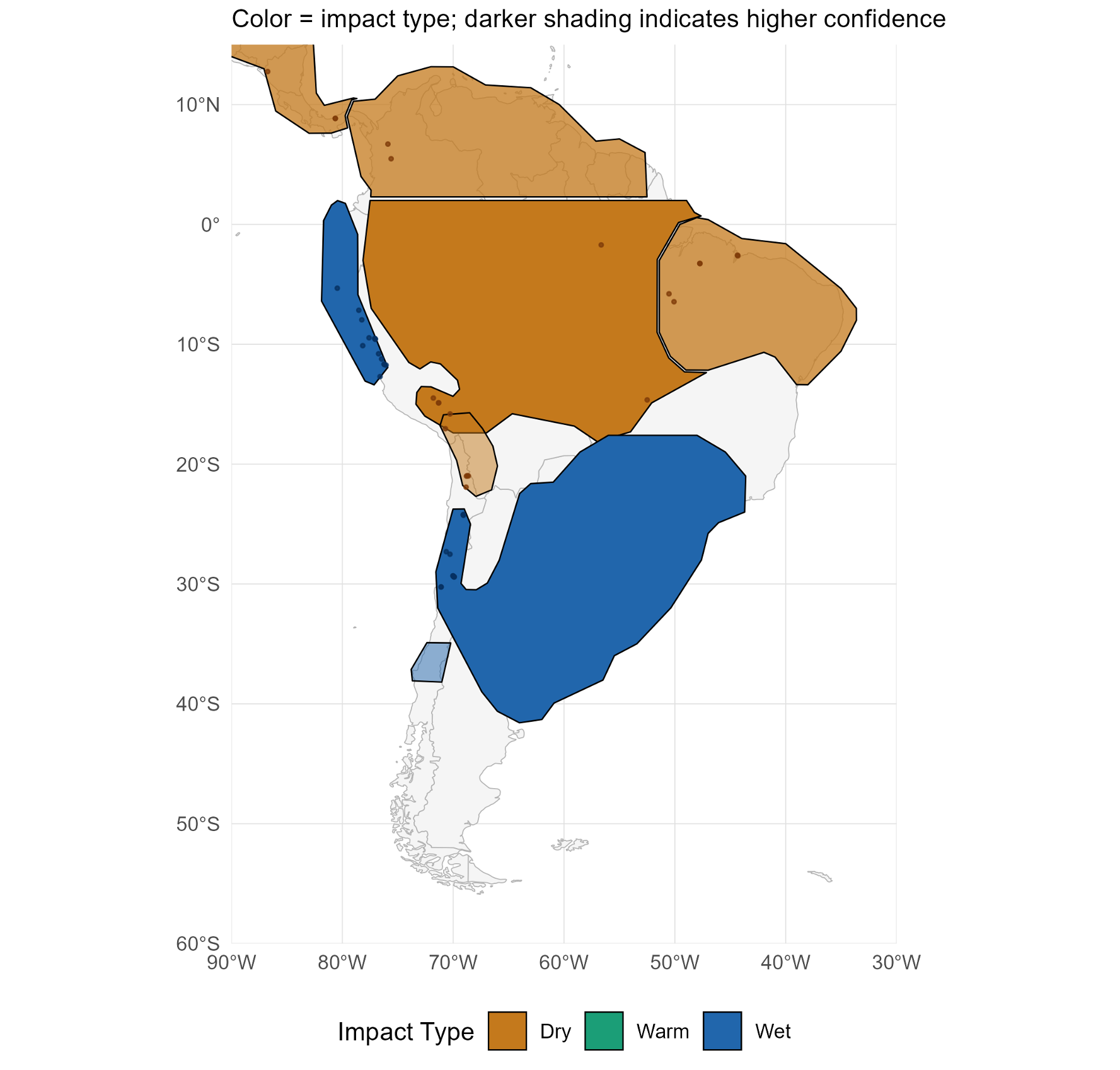 Map of South America shows distribution of mines and the overlapping likely El Niño impacts. Impacts are either dry, warm, or wet weather.