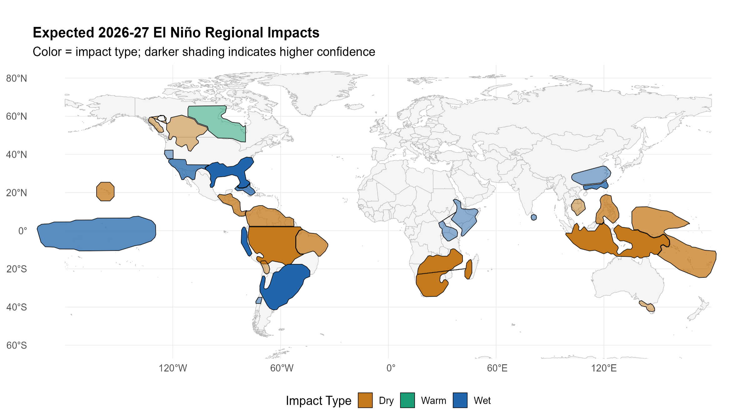 World map shows distribution of likely El Niño impacts. Impacts are either dry, warm, or wet weather. Darker impact shading means higher confidence.
