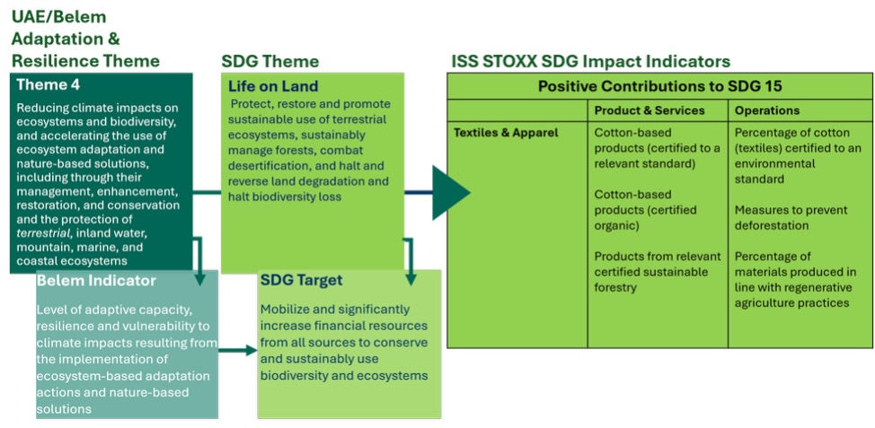 This image illustrates how the ISS STOXX Research Institute mapped the SDG Impact Indicators to the SDG Theme and USE/Belem Adaptation & Resilience Theme