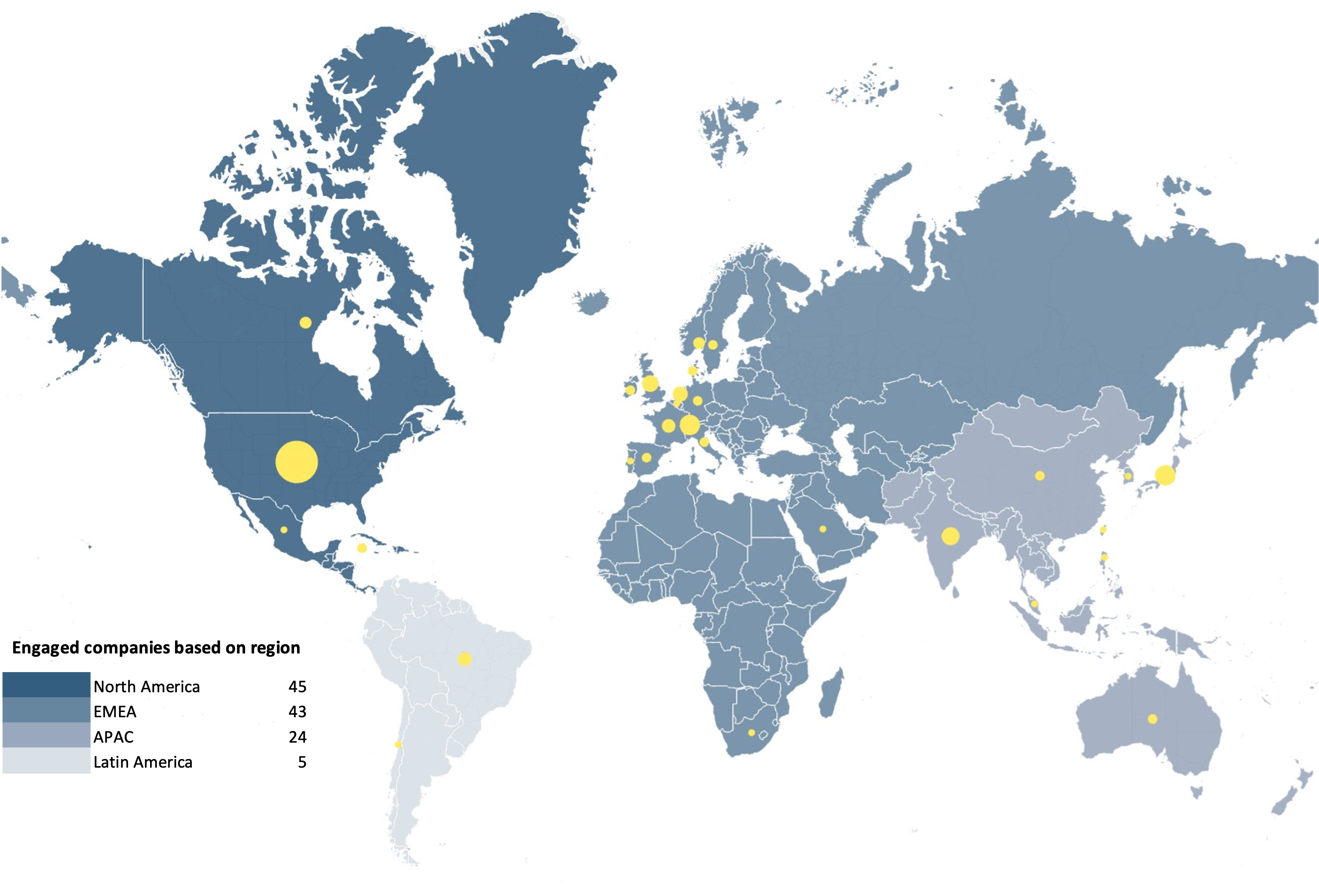 Map shows distribution of companies engaged with in Q1 2026, by country.