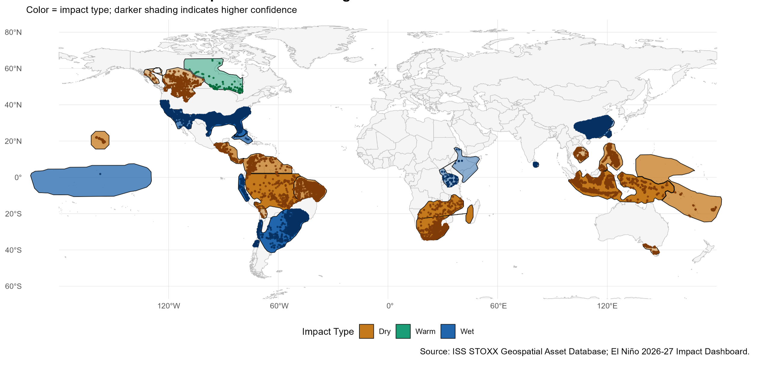 World map shows distribution of assets and the overlapping likely El Niño impacts. Impacts are either dry, warm, or wet weather.