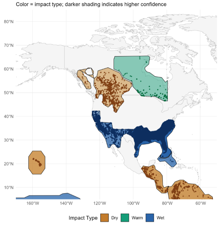 Map of North America shows distribution of assets and the overlapping likely El Niño impacts. Impacts are either dry, warm, or wet weather.