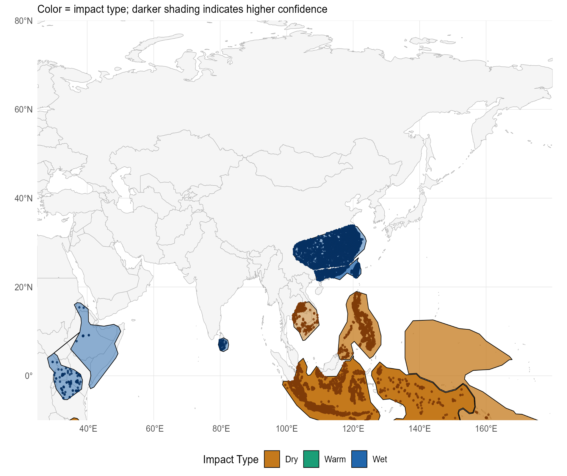 Map of Asia shows distribution of assets and the overlapping likely El Niño impacts. Impacts are either dry, warm, or wet weather.